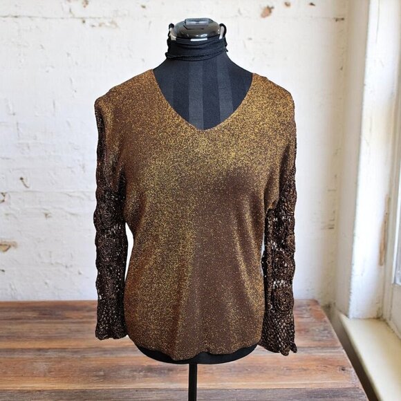 Vintage Joseph A. Metallic Gold Knit Top – Crochet Sleeves | Made in Hong Kong - Picture 1 of 9
